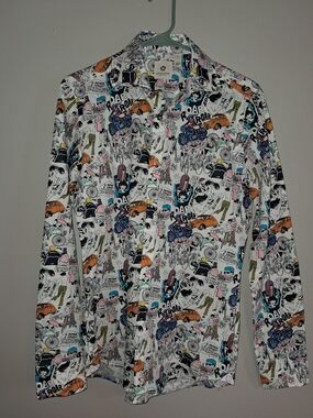 Casual Graphic Button-Down Shirt - White with Multicolor Print